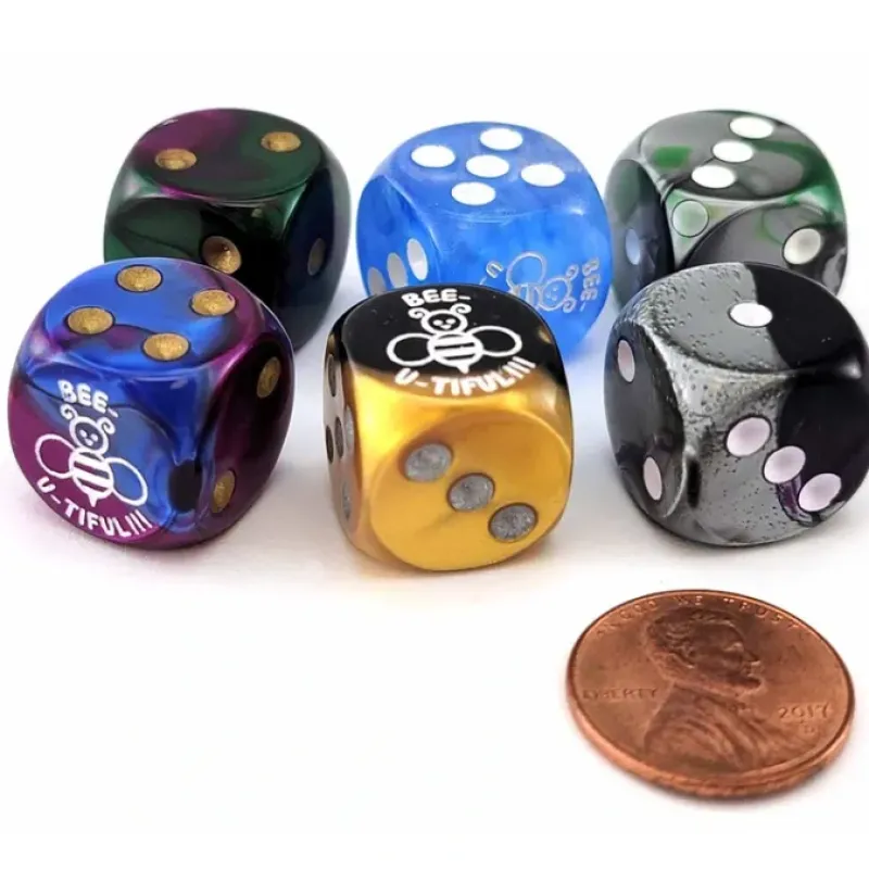 Dice>Pack of 6 Chessex Custom Engraved 16mm D6 Assorted Style Dice - Bee-u-tiful - Your Source for Gaming Essentials