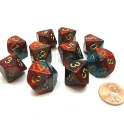Dice>Pack Of 10 Chessex Gemini D10 Dice - Red-Teal with Gold Numbers - Your Source for Gaming Essentials