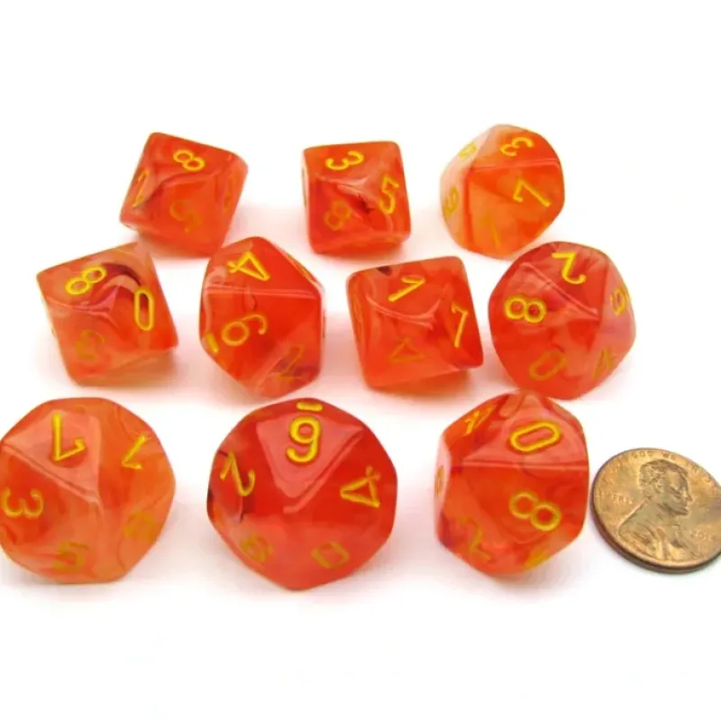 Dice>Pack of 10 Chessex Ghostly Glow D10 Dice - Orange with Yellow Numbers - Your Source for Gaming Essentials