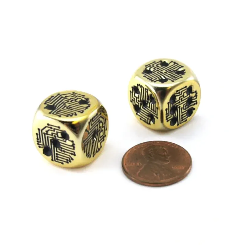 Dice>Pack of 2 Circuit Design D6 Dice with Thin Metal-Plating Over Plastic - Gold - Your Source for Gaming Essentials