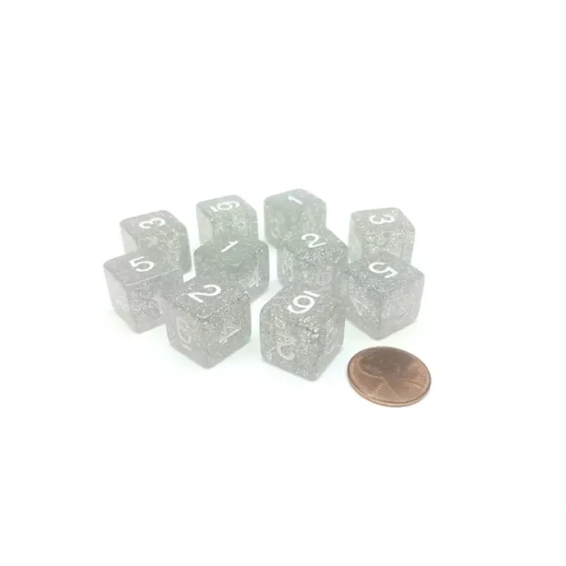 Dice>Pack of 10 D6 6 Sided 16mm Koplow Games Number Glitter Dice - Clear - Your Source for Gaming Essentials