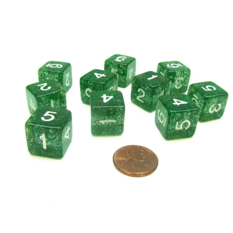 Dice>Pack of 10 D6 6 Sided 16mm Koplow Games Number Glitter Dice - Green - Your Source for Gaming Essentials