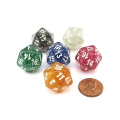 Dice>Pack of 6 D20 Glitter Dice - Black, Blue, Clear, Green, Purple, Yellow - Your Source for Gaming Essentials
