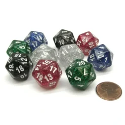 Dice>Pack of 10 D20 Glitter 20-Sided Dice - Assorted Colors - Your Source for Gaming Essentials