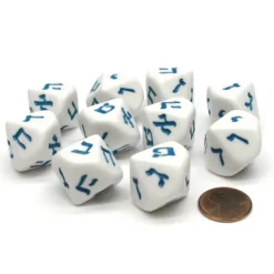 Dice>Pack of 10 D10 Hebrew Numeral Dice, 1 to 10 - White with Blue Numbers - Your Source for Gaming Essentials