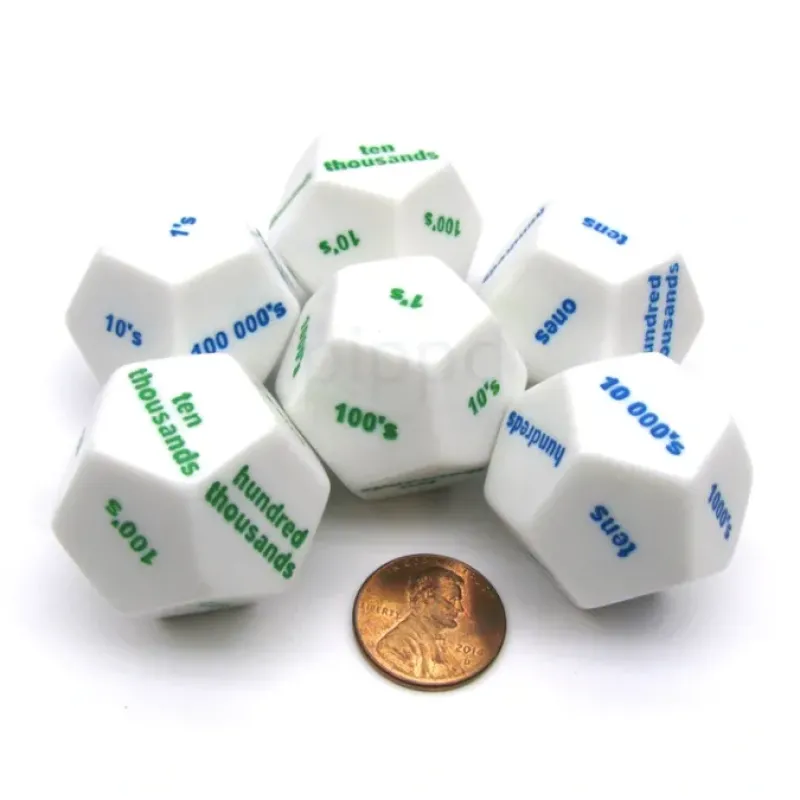 Dice>Pack of 6 D12 Large 28mm Place Value White Dice - 3 Green and 3 Blue Etches - Your Source for Gaming Essentials