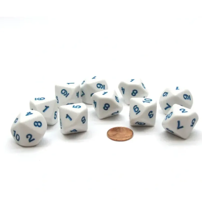 Dice>Pack of 10 D10 20mm Dice Numbered 1 to 10 - White with Blue Numbers - Your Source for Gaming Essentials