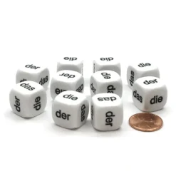 Dice>Pack of 10 D6 16mm German Article Dice - White with Black Words - Your Source for Gaming Essentials