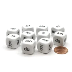 Dice>Pack of 10 D6 16mm German Pronoun Dice - White with Black Words - Your Source for Gaming Essentials