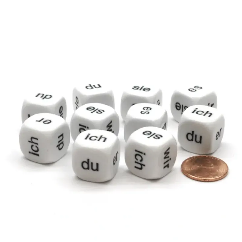 Dice>Pack of 10 D6 16mm German Pronoun Dice - White with Black Words - Your Source for Gaming Essentials