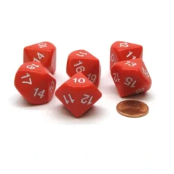 Dice>Pack of 6 D10 20mm Numbered 10 to 19 Dice - Red with White - Your Source for Gaming Essentials