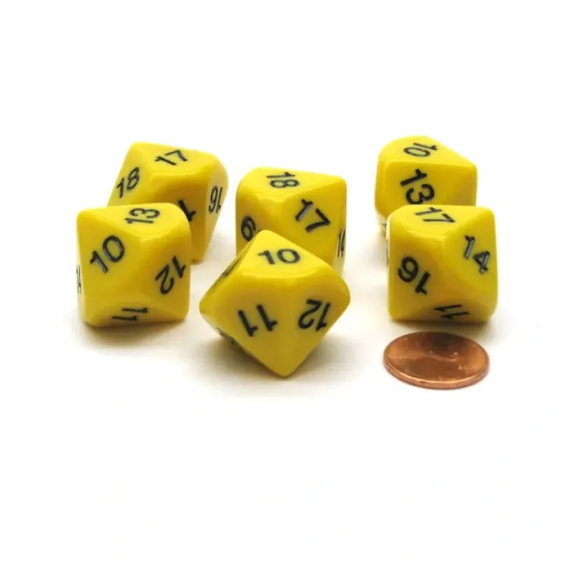 Dice>Pack of 6 D10 20mm Numbered 10 to 19 Dice - Yellow with Black - Your Source for Gaming Essentials