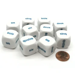 Dice>Pack of 10 D6 20mm Numbered 1 to 6 French Word Dice - White with Blue Words - Your Source for Gaming Essentials