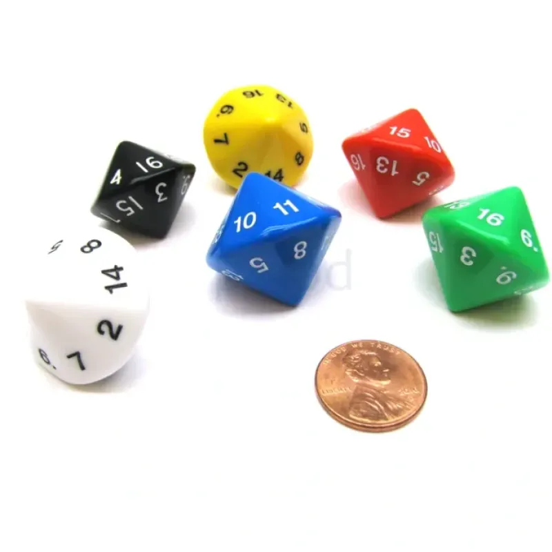 Dice>Pack of 6 D16 20mm Opaque Dice - Red Green White Black Blue Yellow - Your Source for Gaming Essentials