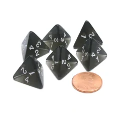Dice>Pack of 6 D4 18mm Transparent Dice - Smoke (Black) with White Numbers - Your Source for Gaming Essentials