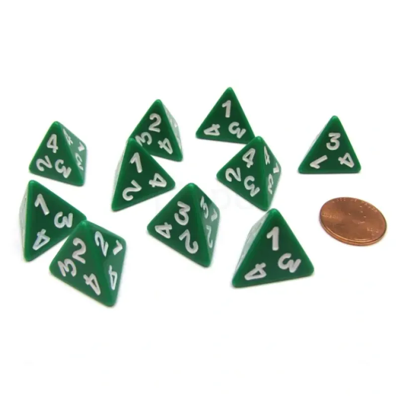 Dice>Pack of 10 D4 Opaque 4 Sided Dice - Green with White Numbers - Your Source for Gaming Essentials