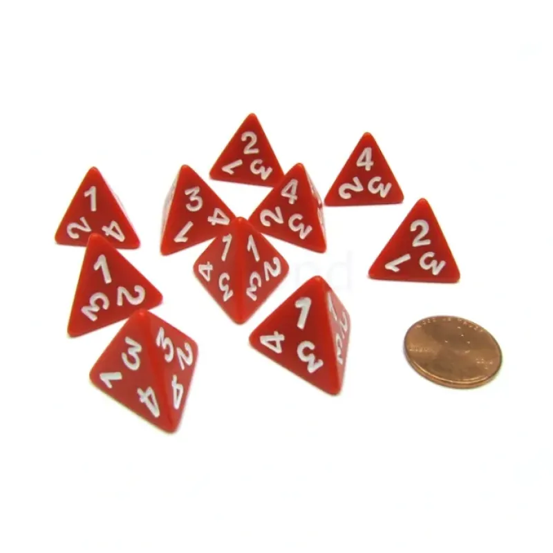 Dice>Pack of 10 D4 Opaque 4 Sided Dice - Red with White Numbers - Your Source for Gaming Essentials