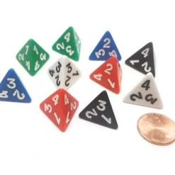 Dice>Pack of 10 D4 Opaque 4 Sided Dice - 2 Each of Black, Blue, Green, Red, White - Your Source for Gaming Essentials