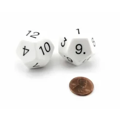 Dice>Pack of 2 D12 Opaque 30mm Jumbo Dice - White with Black Numbers - Your Source for Gaming Essentials