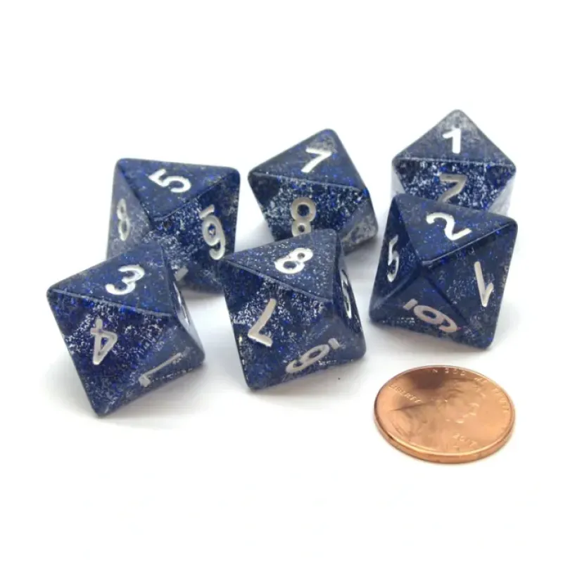 Dice>Pack of 6 D8 8-Sided Glitter Dice - Blue with White Numbers - Your Source for Gaming Essentials