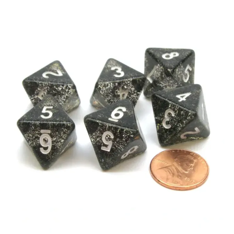 Dice>Pack of 6 D8 8-Sided Glitter Dice - Black with White Numbers - Your Source for Gaming Essentials