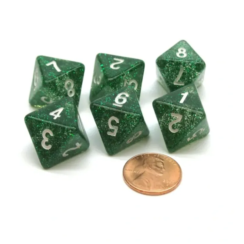 Dice>Pack of 6 D8 8-Sided Glitter Dice - Green with White Numbers - Your Source for Gaming Essentials