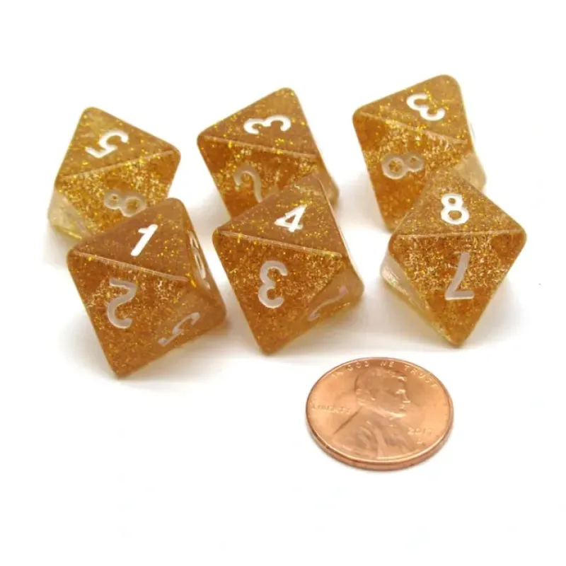 Dice>Pack of 6 D8 8-Sided Glitter Dice - Yellow with White Numbers - Your Source for Gaming Essentials