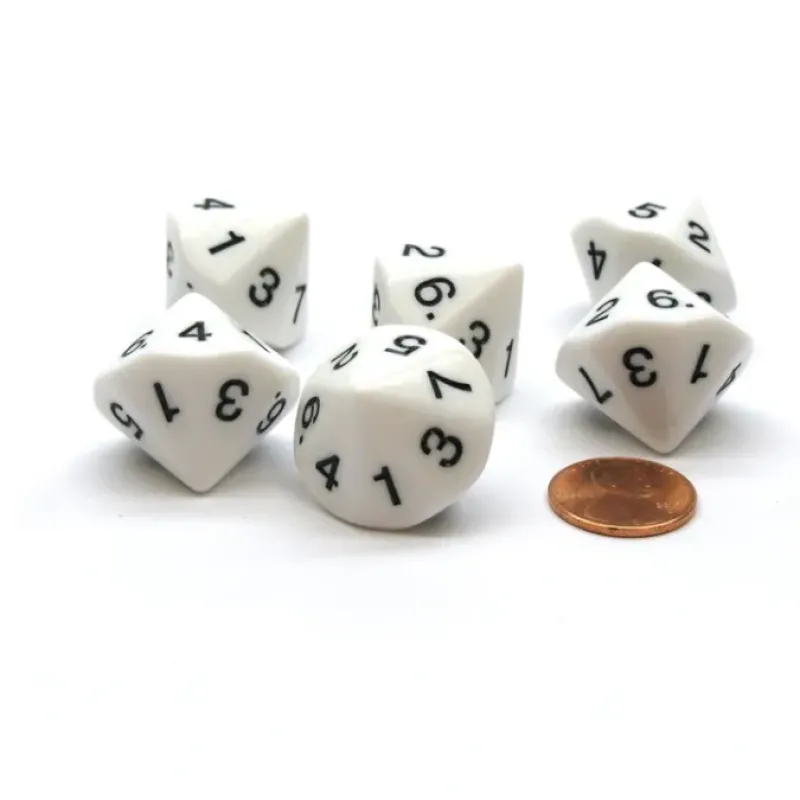 Dice>Pack of 6 D7 14-Sided 20mm Numbered 1 to 7 Twice Dice - White with Black - Your Source for Gaming Essentials