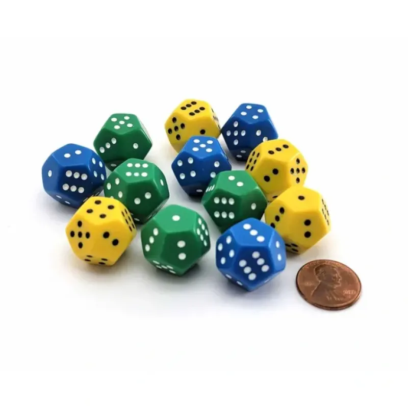Dice>Pack of 12 D6 12-Sided Spotted 1-6 Twice Dice - 4 Each of Green Yellow Blue - Your Source for Gaming Essentials