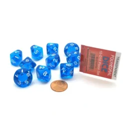 Dice>Pack of 10 D10 Transparent Dice in Display Case - Blue with White Numbers - Your Source for Gaming Essentials