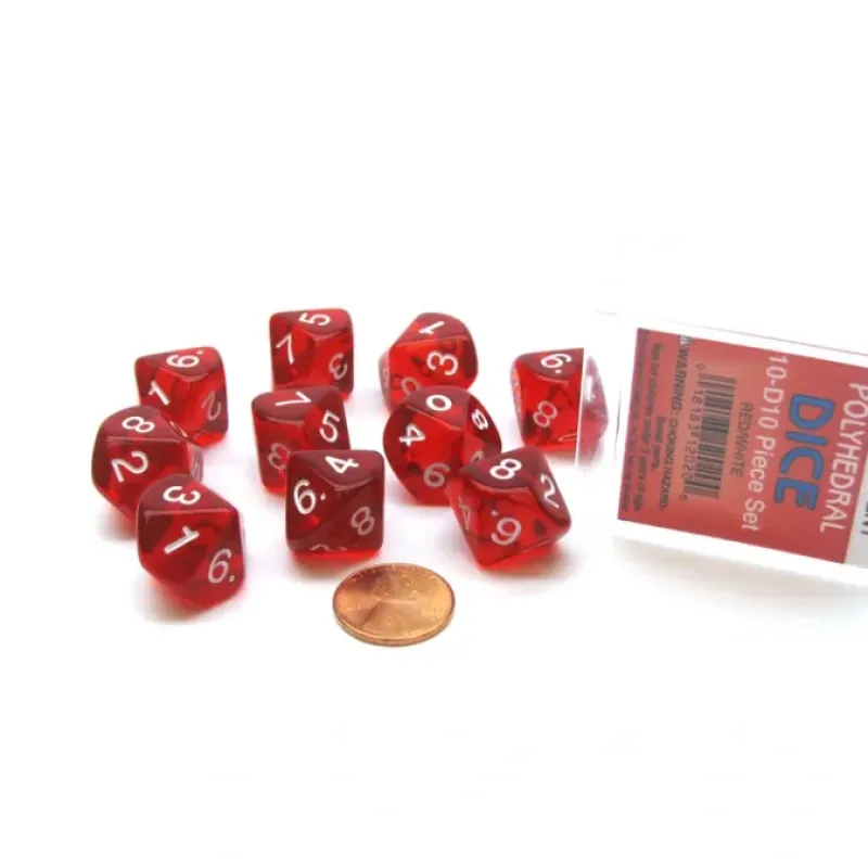 Dice>Pack of 10 D10 Transparent Dice in Display Case - Red with White Numbers - Your Source for Gaming Essentials