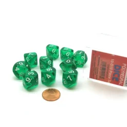 Dice>Pack of 10 D10 Transparent Dice in Display Case - Green with White Numbers - Your Source for Gaming Essentials