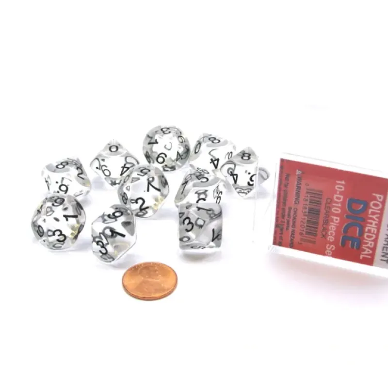Dice>Pack of 10 D10 Transparent Dice in Display Case - Clear with Black Numbers - Your Source for Gaming Essentials