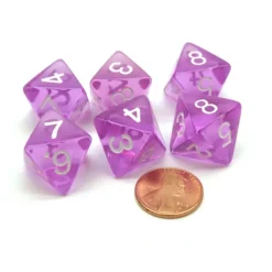 Dice>Pack of 6 D8 Transparent 8-Sided Dice - Purple with White Numbers - Your Source for Gaming Essentials