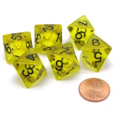 Dice>Pack of 6 D8 Transparent 8-Sided Dice - Yellow with Black Numbers - Your Source for Gaming Essentials