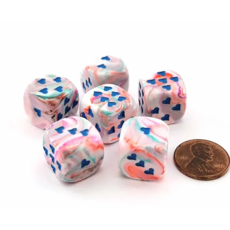 Dice>Pack of 6 Heart Dice, Festive 16mm D6 Dice - Pop Art with Blue Hearts - Your Source for Gaming Essentials