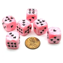 Dice>Pack of 6 Heart 'Ice Cream' 16mm D6 Chessex Dice - Pink with Black Hearts - Your Source for Gaming Essentials