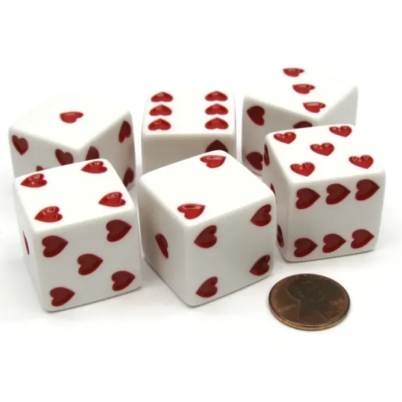 Dice>Pack of 6 Heart Pip D6 25mm Large Jumbo Love Dice - White with Red Hearts - Your Source for Gaming Essentials