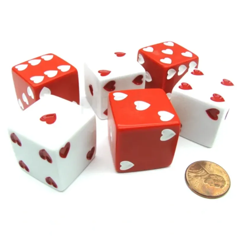 Dice>Pack of 6 Heart Pip D6 25mm Large Jumbo Love Dice - 3 Red and 3 White - Your Source for Gaming Essentials