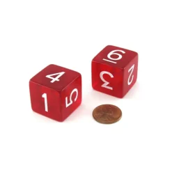 Dice>Pack of 2 Jumbo 25mm D6 Transparent Dice - Red with White Numbers - Your Source for Gaming Essentials