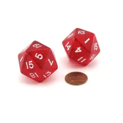 Dice>Pack of 2 Jumbo 29mm D20 Transparent Dice - Red with White Numbers - Your Source for Gaming Essentials