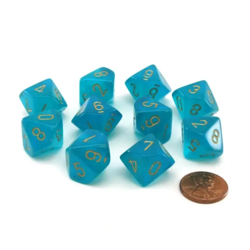 Dice>Pack of 10 Luminary Borealis 16mm D10 Chessex Dice - Teal with Gold Numbers - Your Source for Gaming Essentials