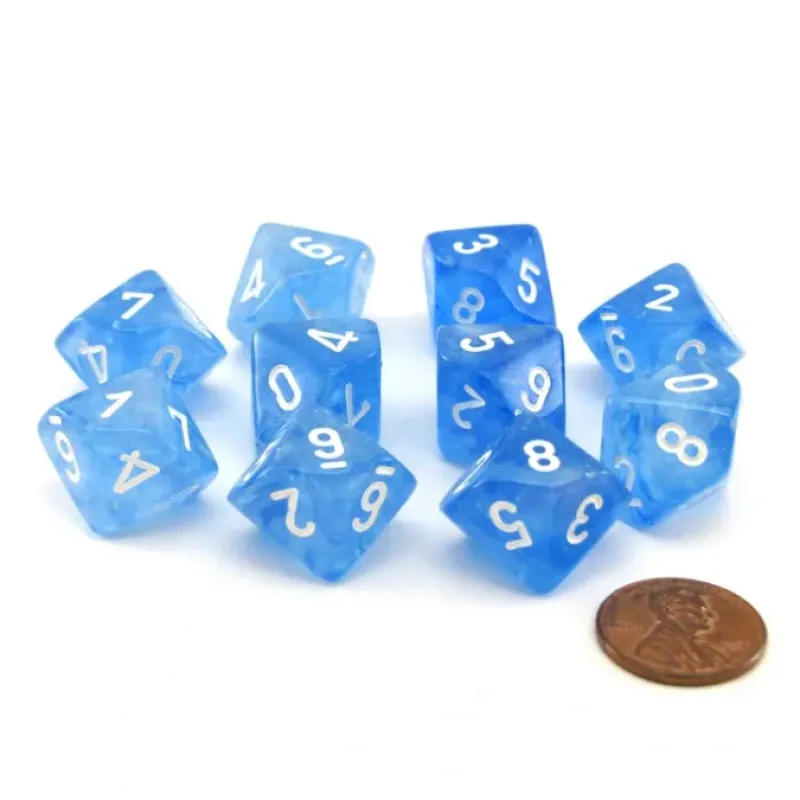 Dice>Pack of 10 Luminary Borealis 16mm D10 Dice - Sky Blue with White Numbers - Your Source for Gaming Essentials