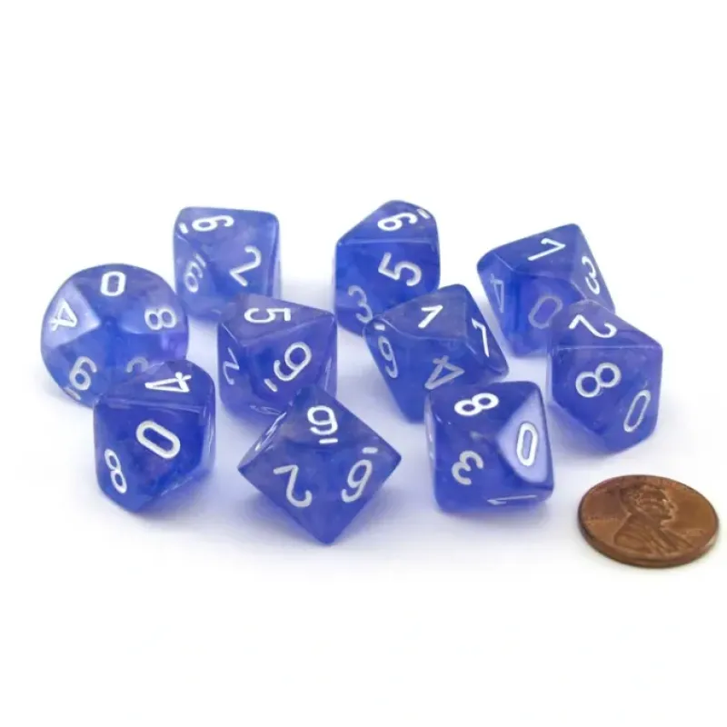 Dice>Pack of 10 Luminary Borealis 16mm D10 Dice - Purple with White Numbers - Your Source for Gaming Essentials