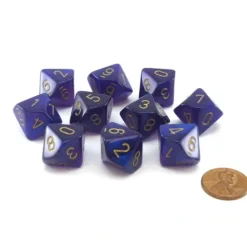Dice>Pack of 10 Luminary Borealis 16mm D10 Dice - Royal Purple with Gold Numbers - Your Source for Gaming Essentials