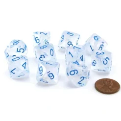 Dice>Pack of 10 Luminary Borealis 16mm D10 Dice - Icicle with Light Blue Numbers - Your Source for Gaming Essentials