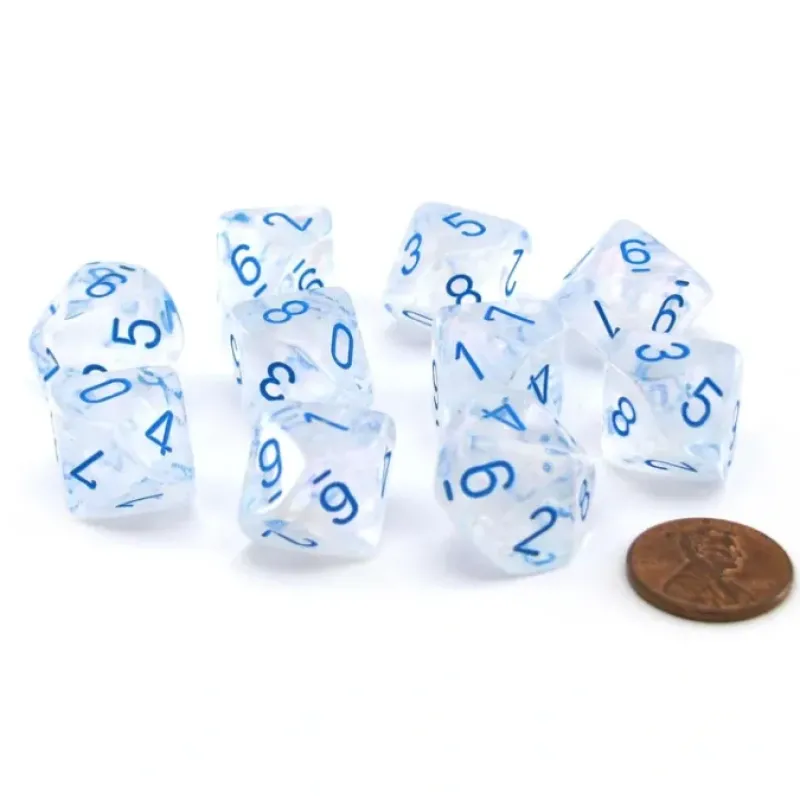 Dice>Pack of 10 Luminary Borealis 16mm D10 Dice - Icicle with Light Blue Numbers - Your Source for Gaming Essentials