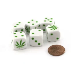 Dice>Pack of 6 Marijuana Hemp Weed 16mm Dice Set - White with Green Etches - Your Source for Gaming Essentials
