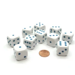 Dice>Pack of 10 20mm D6 Dice - White with Blue Pips - Your Source for Gaming Essentials