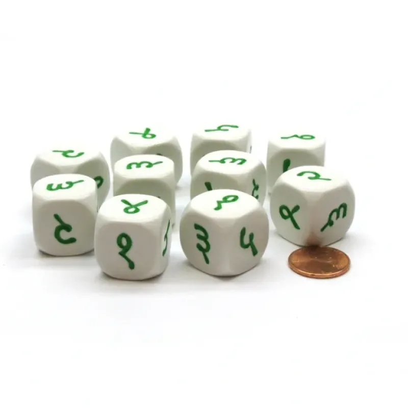 Dice>Pack of 10 20mm D6 Hindi Numbers 1 to 6 - White with Green Etches - Your Source for Gaming Essentials